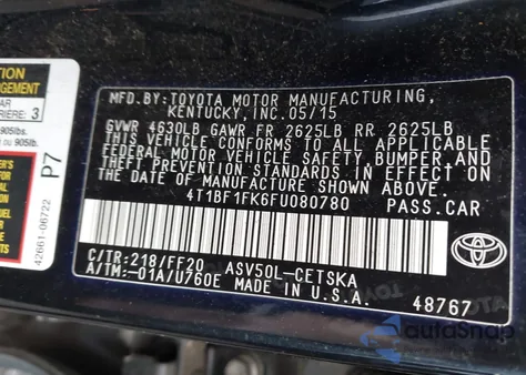 2015 Toyota Camry Se из США, поврежденный, VIN 4T1BF1FK6FU080780